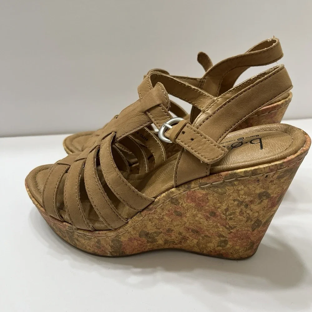 b.ø.c By Born Wedge Floral Cork Sole Sandals Brown Leather Cross Straps 6.5